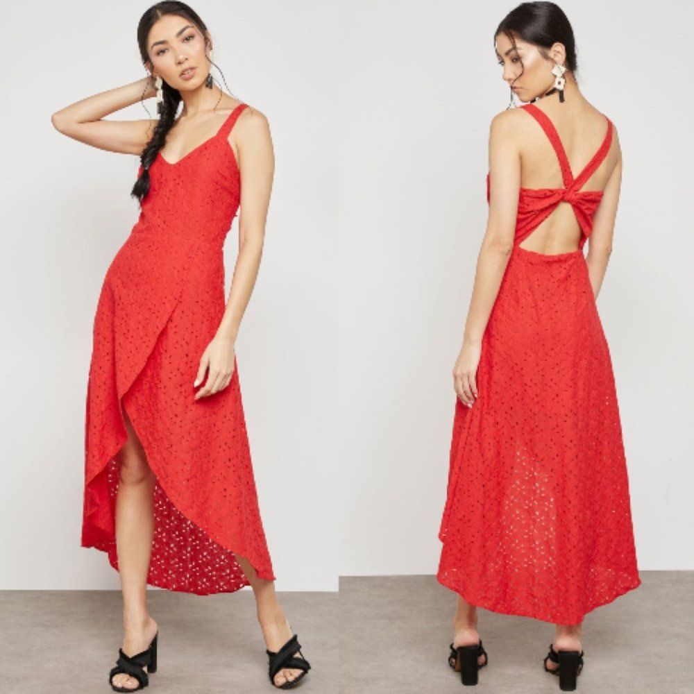 J.O.A. Melodrama Red Lace Wrap Front Midi Dress